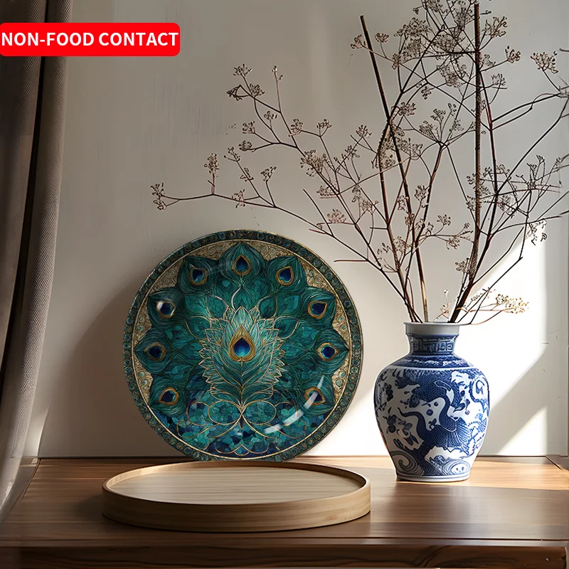 2D Flat, 1pc Large Hand-Painted PeaRooster Feather Ceramic Wall Art Plate with Golden Frame - Turquoise  & Golden Elegant Home