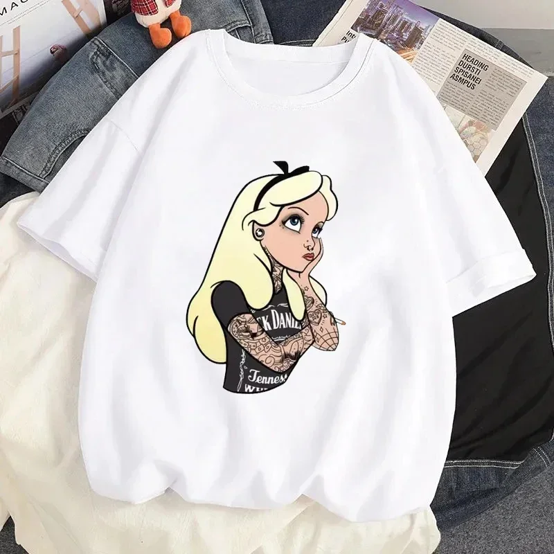 Cute Snow White Cartoon Printed T-shirt Women Kawaii Anime Graphic Short Sleeves Streetwear Casual O-Neck Harajuku Clothing Top