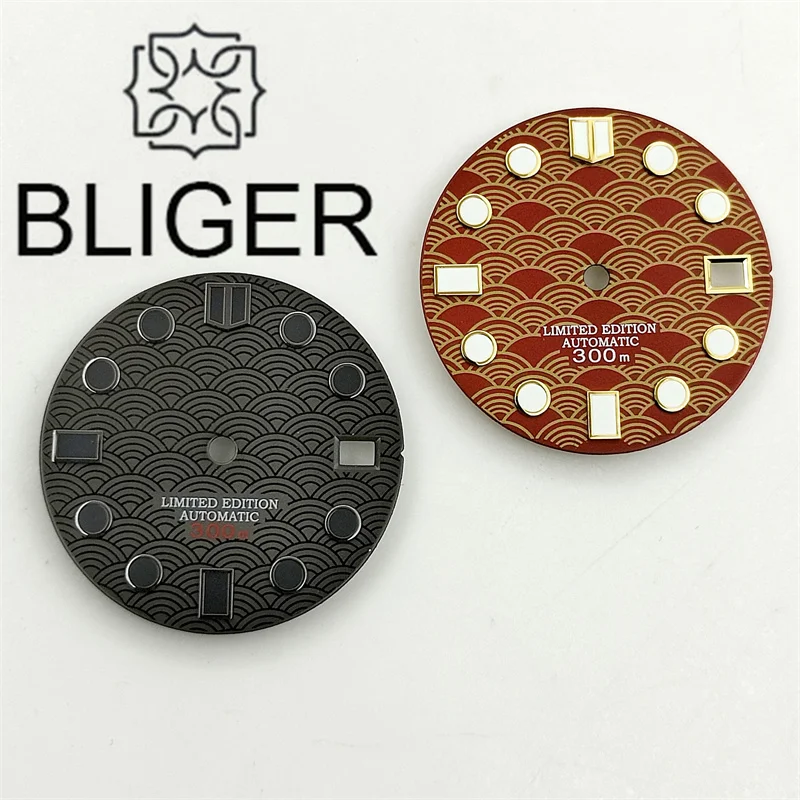 BLIGER 28.5 Watch Dial Black Red Fish Scale Pattent With Green Luminous Fit NH34 NH35 Movement 3 o \'clock 3.8 clock Date Windows