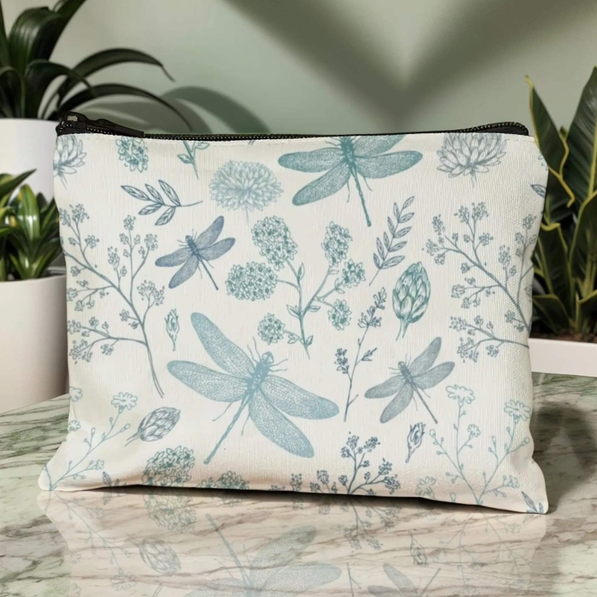 Watercolor Dragonfly Makeup Bag Soft Dragonflies on White Blurred Wings with Rustic Texture Nature-Inspired Cosmetic Organizer