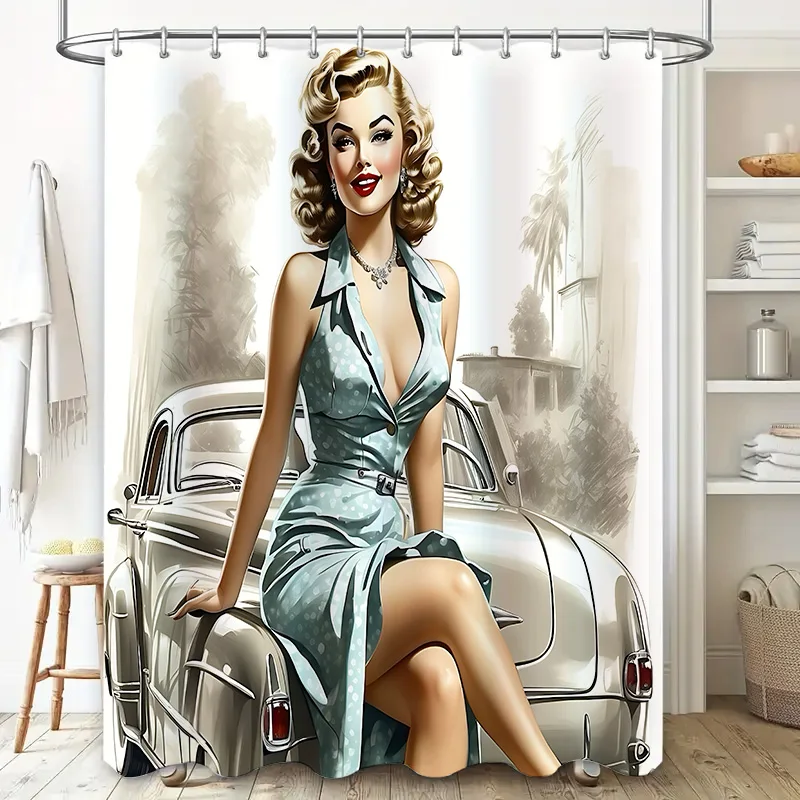 

Занавеска для душа в винтажном стиле с сексуальной блондинкой женщиной и классической иллюстрацией автомобиля, водонепроницаемая, прочная, простая в установке и обслуживании