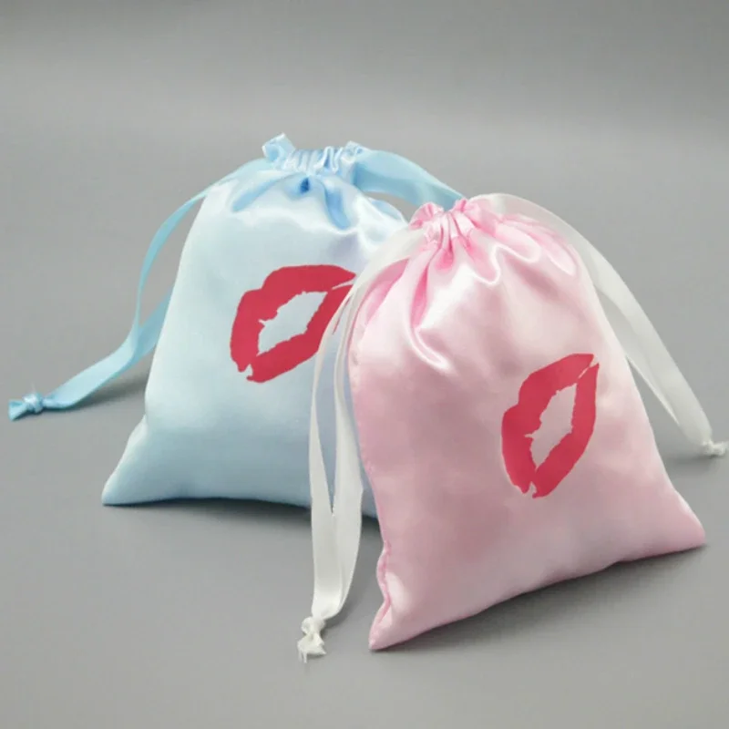 Silk Satin Drawstring Bag Ribbon Pocket Jewelry/Cosmetic/Gift/Wedding/Party/Wig/Hair Bundles/Christmas/Shoe Pouch Print Logo 50p