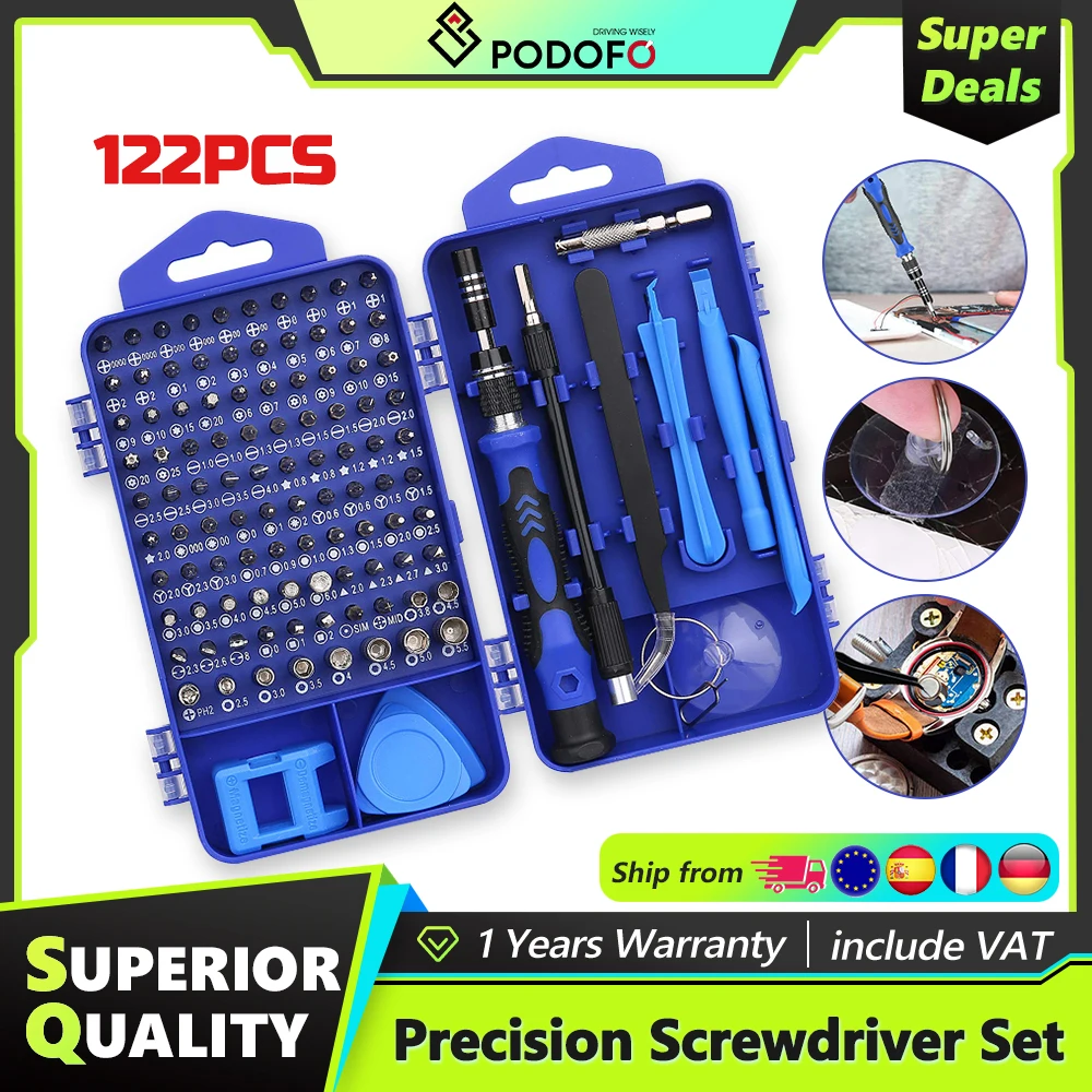 Podofo 122-in-1 Blaues Präzisions-Schraubendreher-Set Multifunktionales Elektronik-Reparaturwerkzeug-Set Magnetischer Torx mit Elektrischem Demontageschlüssel Reparaturwerkzeuge für Telefon und PC
