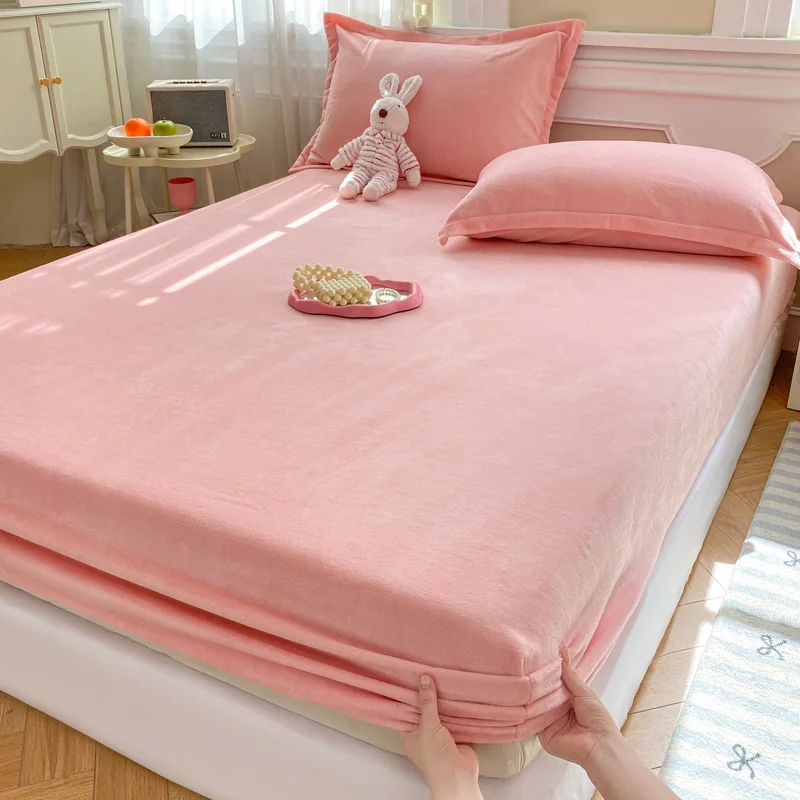 

WASART Winter warm fluffy plush fitted sheet elastic mattress protector cover soft pink coral fleece thick bed Linen 90/150 king