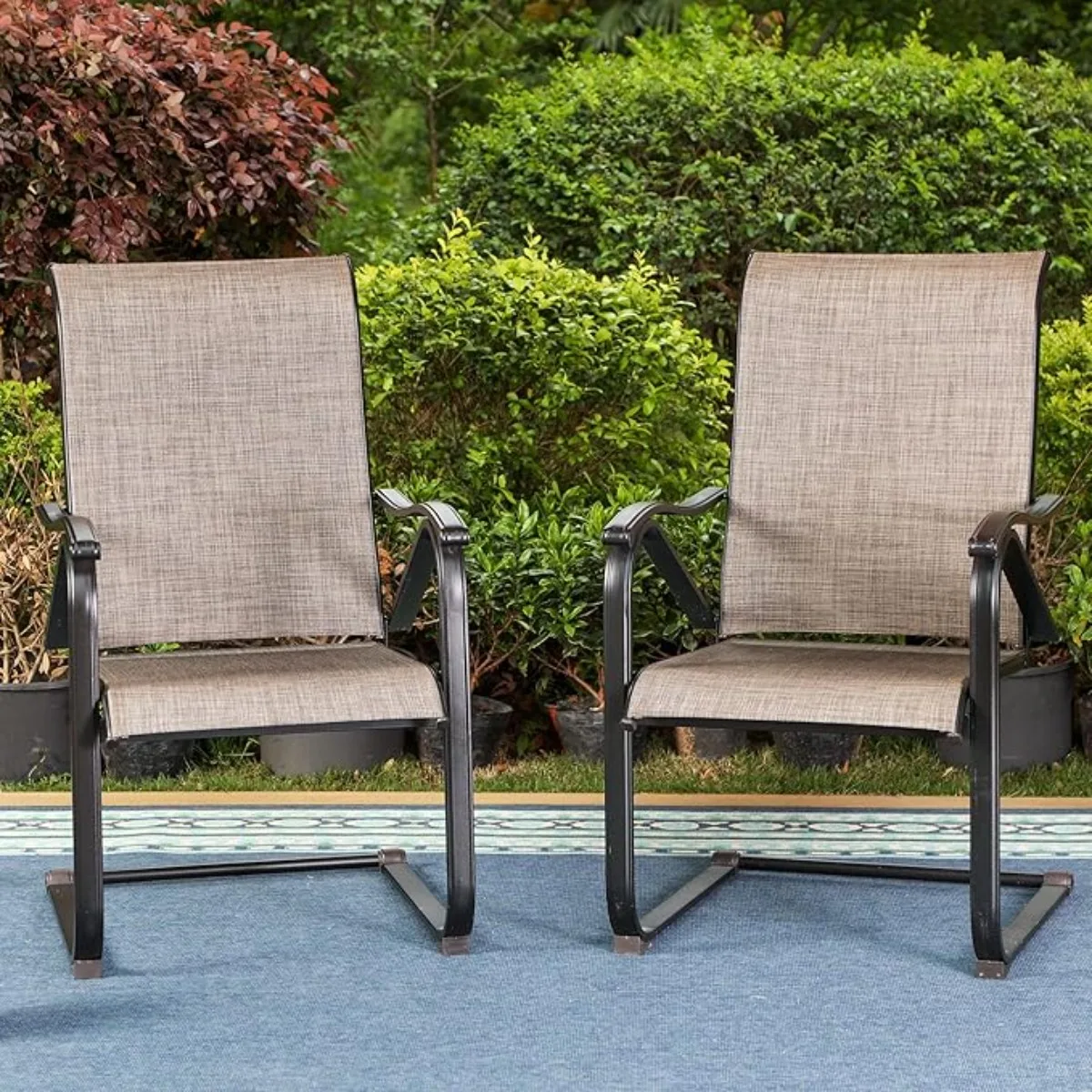 Patio Dining Chairs, Outdoor C Spring Dining Chairs Set of 2, High Back Sling Patio Chairs Heavy Duty Outdoor Chairs, 300LBS