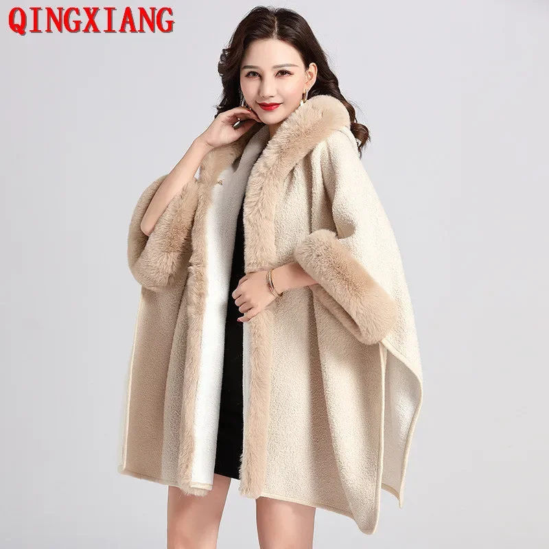 3 Colors Women Granular Velvet Loose Poncho Winter Thick Outstreet Wear Capes Faux Fur Collar Bat Sleeves Long Overcoat With Hat