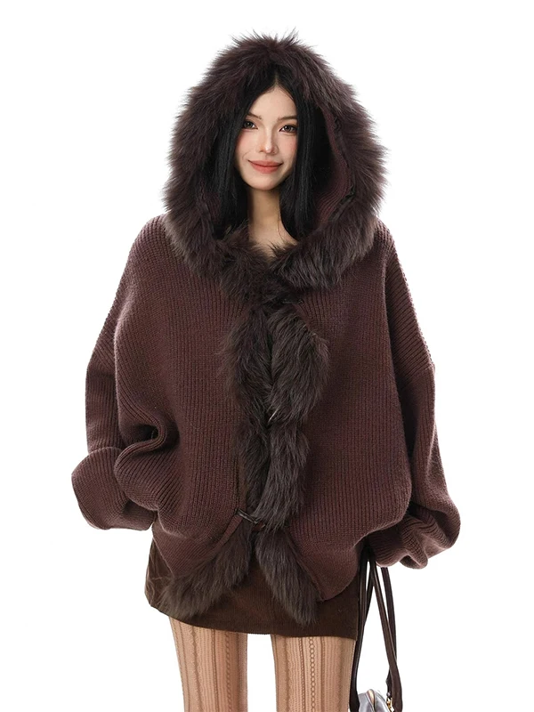 

American Design Sle Women's Knitted Sweater with Large Fur Collar Loose Fit Faionable Autumn Winter Outerwear Coat
