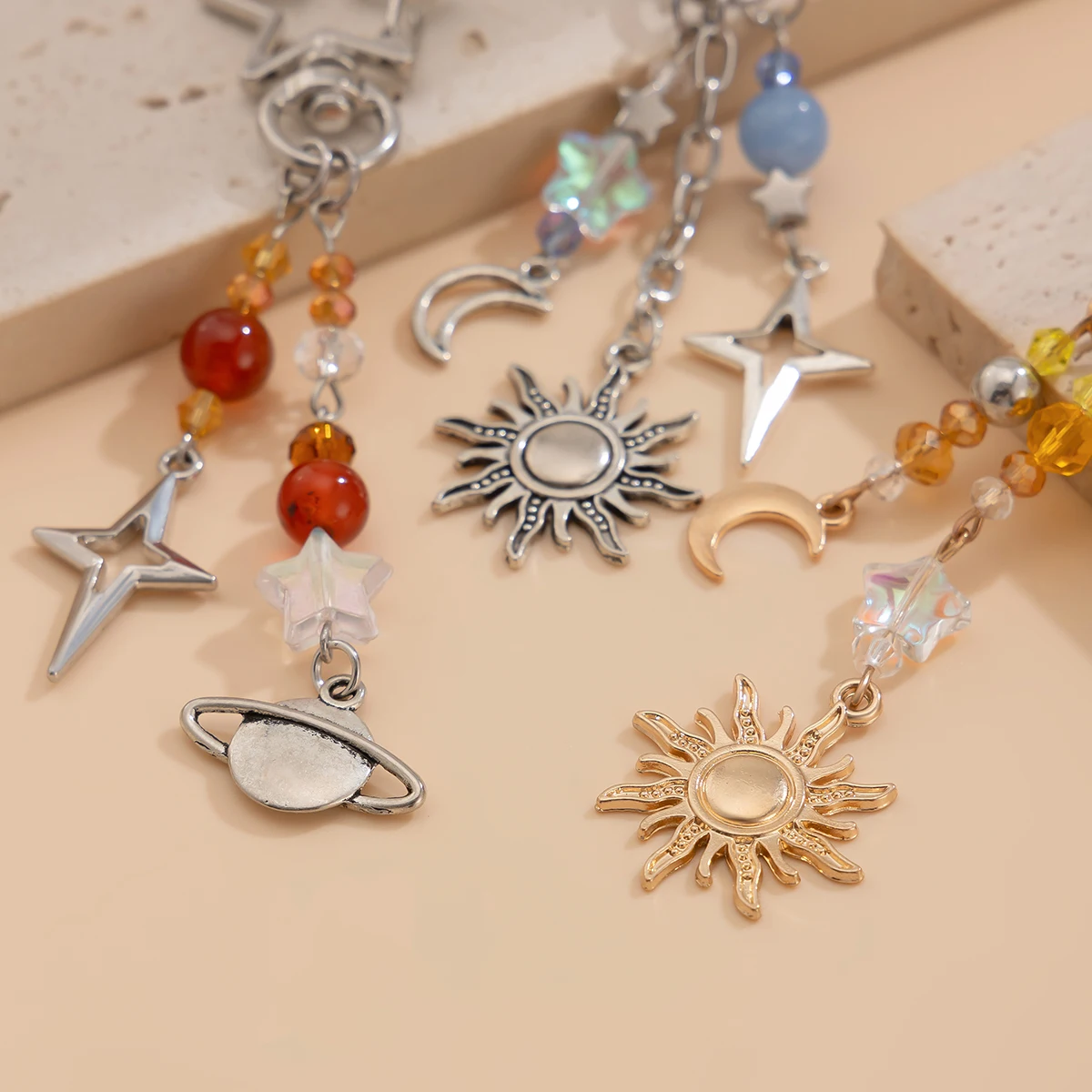 Ingemark 3Pcs/Set Punk Stars Moon Sun Pendant Bag Keychain for Women Boho Colorful Beads Key Ring Bag Chain Y2K Jewelry Gift New