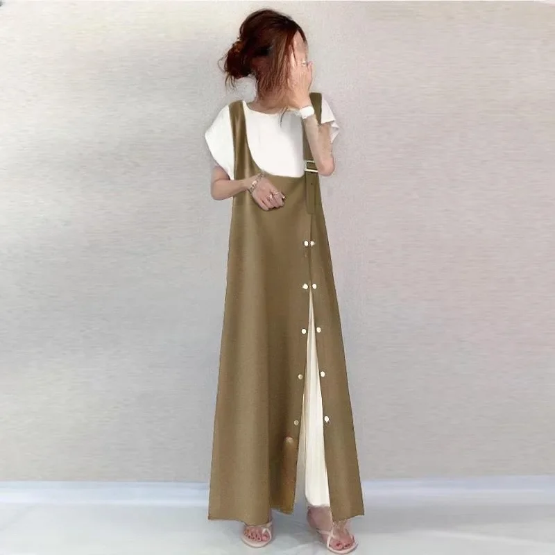 Adjustable Strap Japanese Style Summer 2024 New Dress One Side Shoulder Strap Detachable Back Band Skirt Fashionable Sleeveless