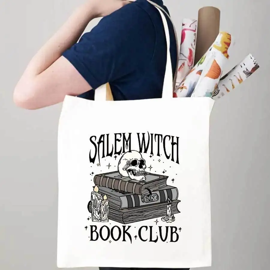 Salem Witch Book Club Canvas Tote Bag, Spooky Skull Magic Book Shoulder Bag, Reusable Shopping Handbag for Halloween Party Gift