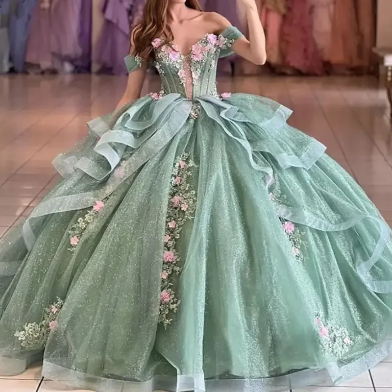 Groene Aangepaste Quinceanera Jurken Kristal Kralen Kant Verjaardagsfeestje Prinses Jurk Vestidos De 15 Anos Lange Prom Jassen