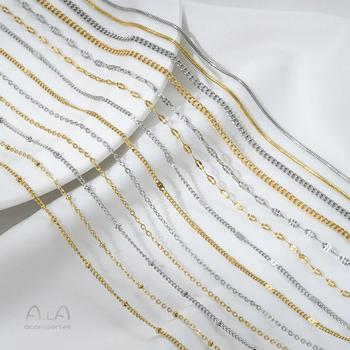 14K Vacuum Gold Plated Titanium Steel Clavicle Chain, Cross, Side & Snake Bone Bead Chain, Plain DIY Necklace