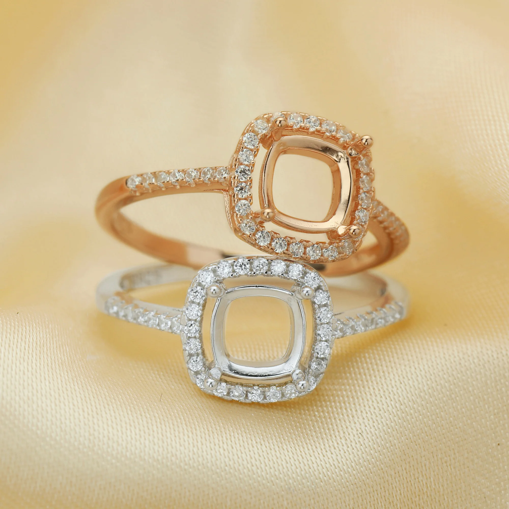 Cushion Square Prong Ring Settings,Solid 925 Sterling Silver Rose Gold Plated Ring,Halo Pave CZ Stone Bezel Ring 1215054