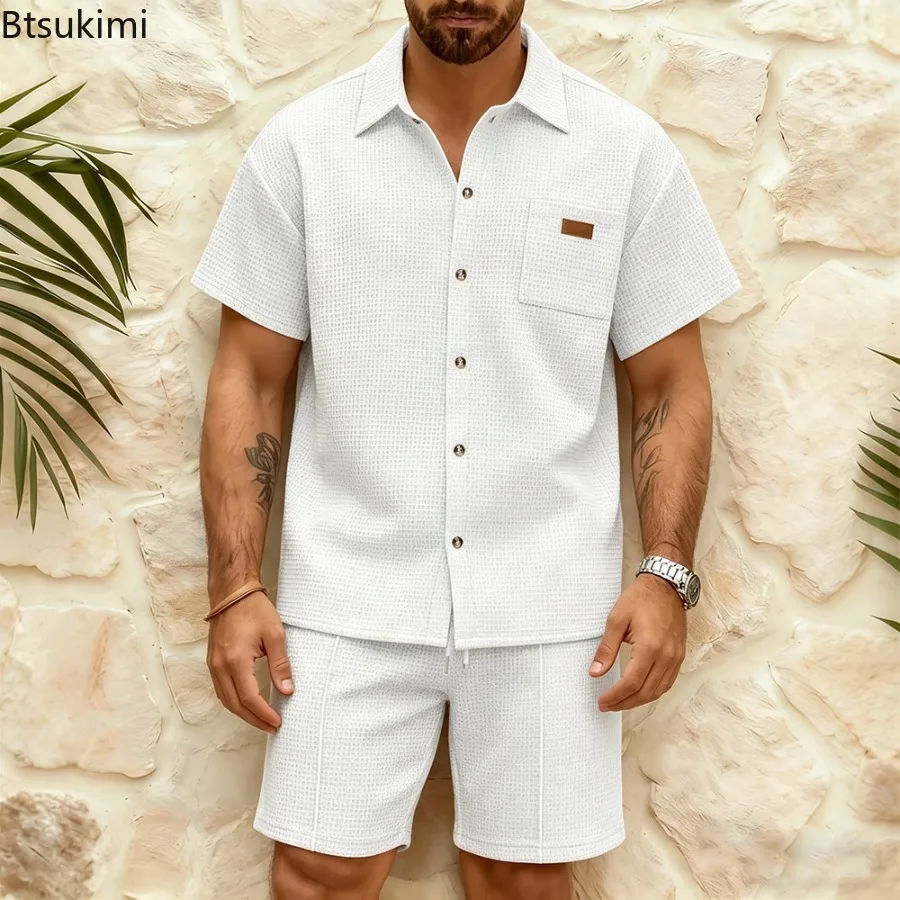 Men's Casual Waffle Solid Color Short Sleeve Shorts Suit Summer Male Lapel Short Sleeve Cardigan Shits Sets Fashion Men Clothing