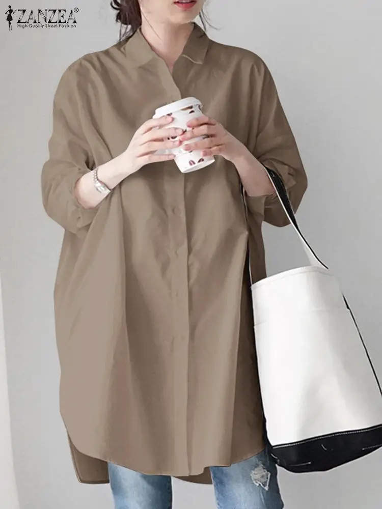 Spring Elegant Long Flare Sleeve Blouse ZANZEA Stylish Women Buttons Down Long Shirt Loose Tunic Tops Casual Solid Blusas 7