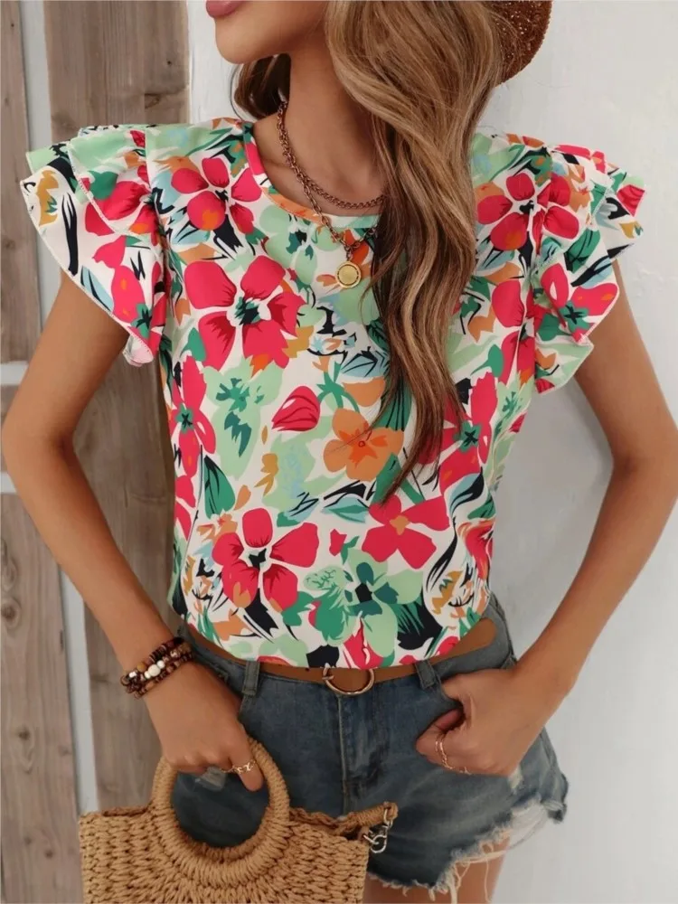 Elegant Blouses For Women Ruffle Short Sleeve Top Fashion Print Shirts & Blouses Youthful Woman Clothes Summer Trend 2024