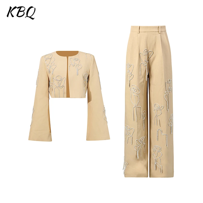 KBQ Spliced Embroidery Two Piece Sets for Women Round Neck Long Sleeveshort Top High Waist Loose Pants Chic Set Female Style new