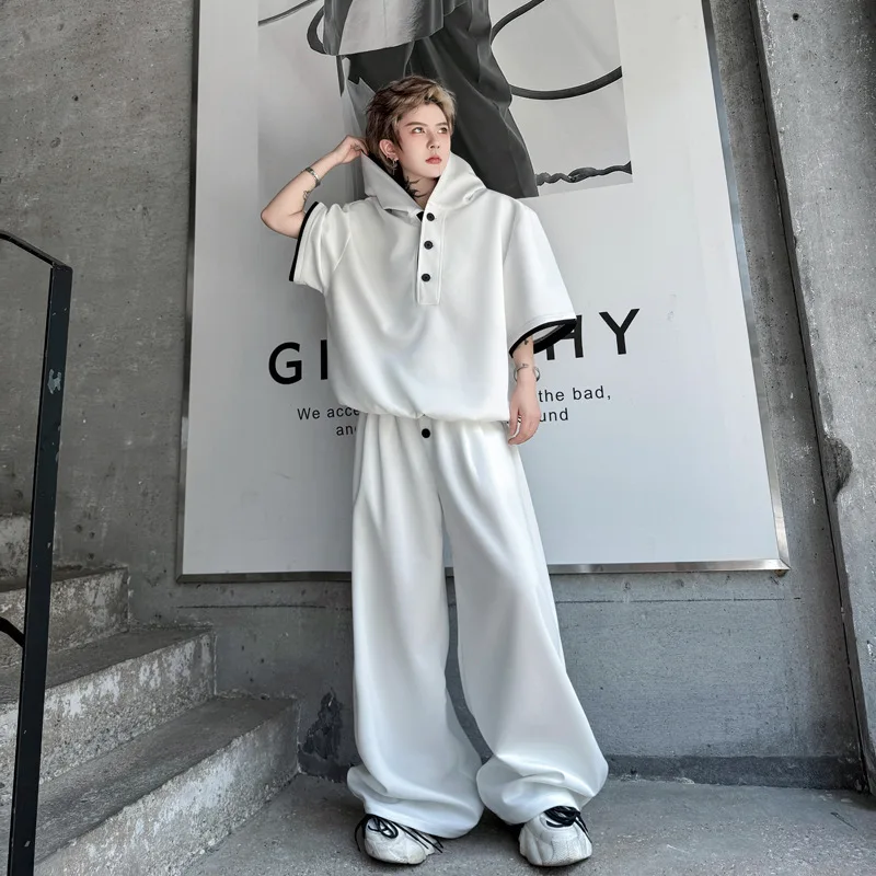 WTHT Fashion Men Suit Striped Contrast Color Hooded Button T-shirt High-waisted Straight Loose Pant Set Male 2025 Summer 2A1284