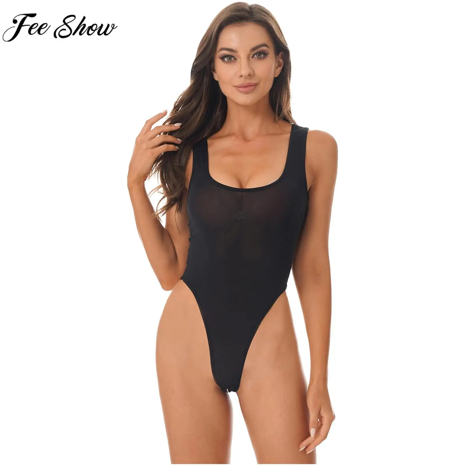 Women Sexy Open Crotch Bodysuit Lingerie Nightwear Sleeveless Smooth Stretchy High Cut Leotard Swimwear Swimsuit Underwear