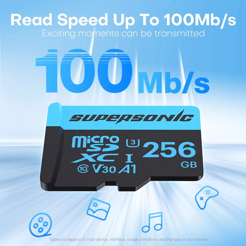 

Supersonic TF Memory Card 128gb Micro SD Card 256gb A1 V30 U3 Class 10 100Mb/s Flash Microsd Card Support 4K Video