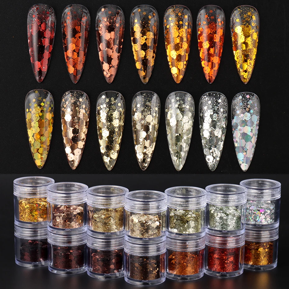 14 Box Fall Gold Champagne Brown Nail Sequins Sparkly Mirror Hexagon Flakes Laser Holo Chunky Glitter 3D Mermaid Nail Art Decor