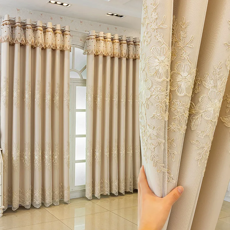

Европейские бежевые шторы с цветочной вышивкой и затемняющими слоями, двойные занавески для гостиной и спальни