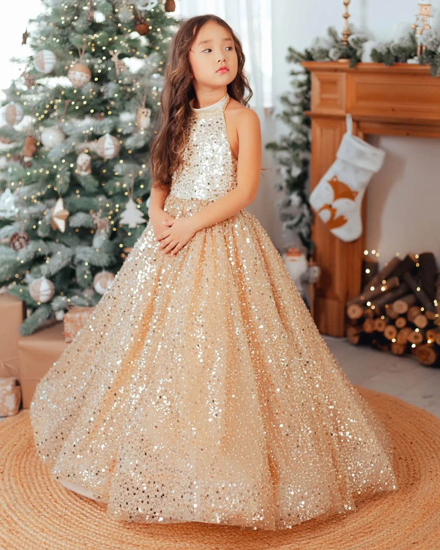 Halter Sequins Flower Girl Dress for Wedding Tulle Girls Pageant Dress Floor Length Kids Prom Ball Gowns Princes Birthday Dress