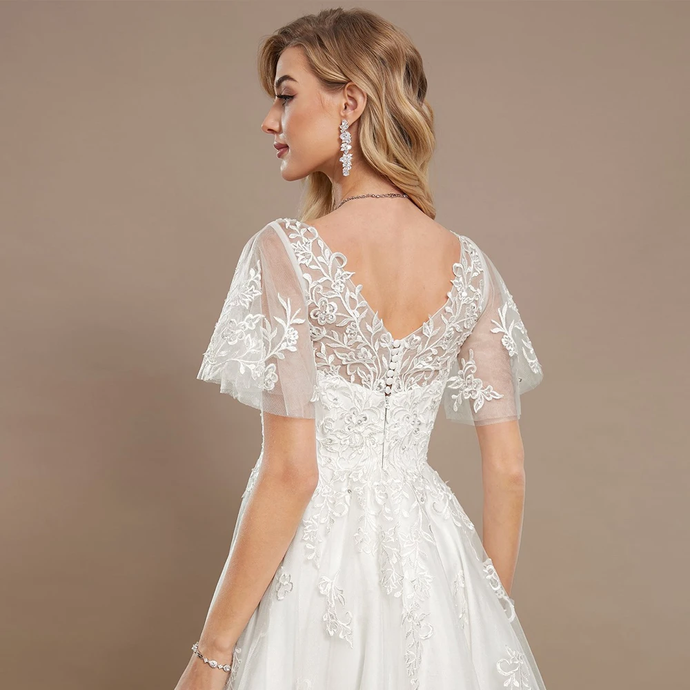 Vestidos De novia personalizados con cuello en V, mangas cortas, apliques De encaje, ilusión De perlas, tul, línea A, Vestido De novia