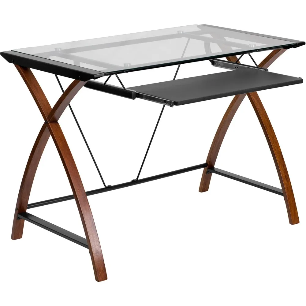 مكتب علوي زجاجي من Flash Furniture Jude مع رف لوحة مفاتيح منزلق، مكتب مكتب منزلي مدمج