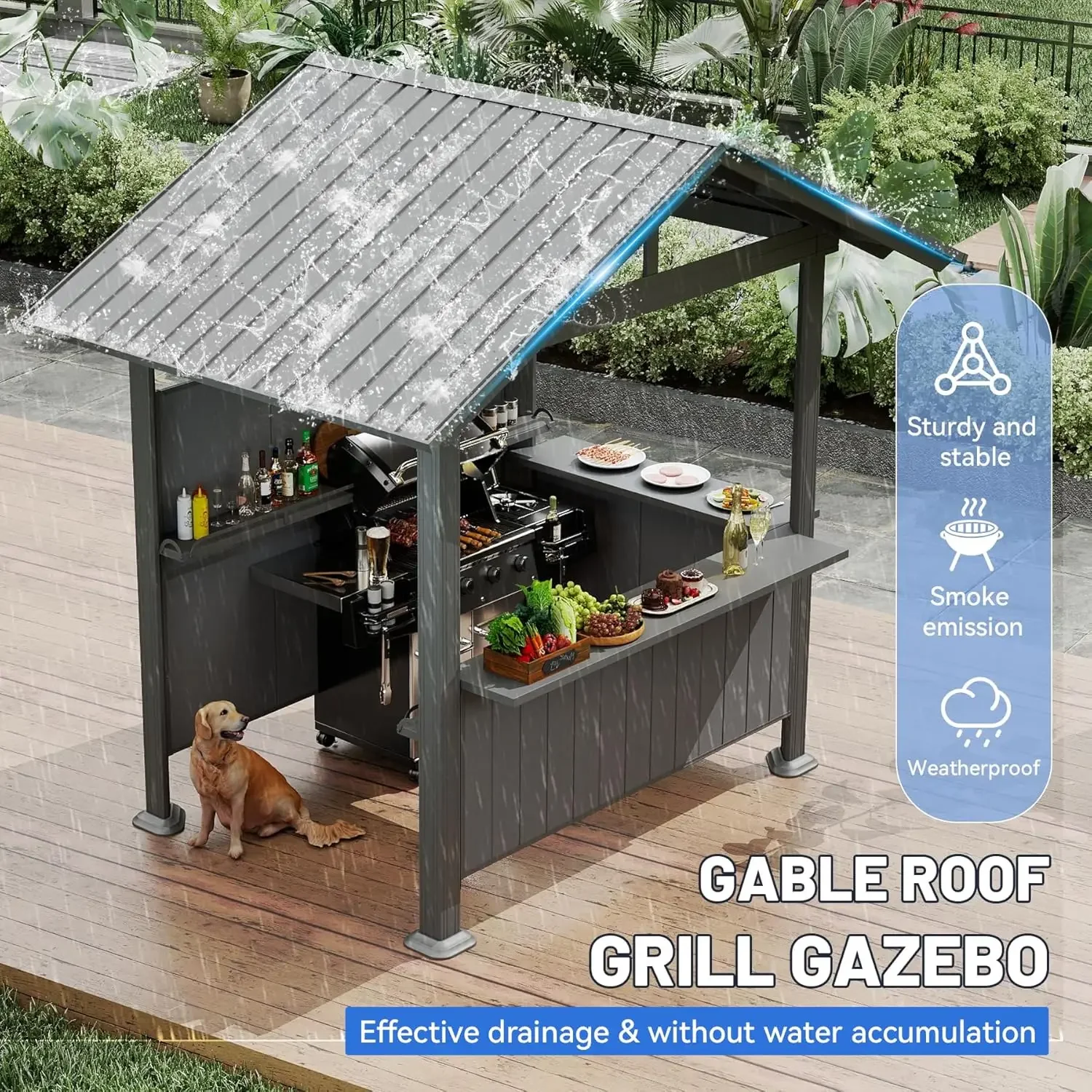 ！@9.4X6.2 FT Outdoor Hardtop Grill Gazebo with Storage Shelves & Resin Shade System, Galvanized Steel Metal Hard Top Gazebo