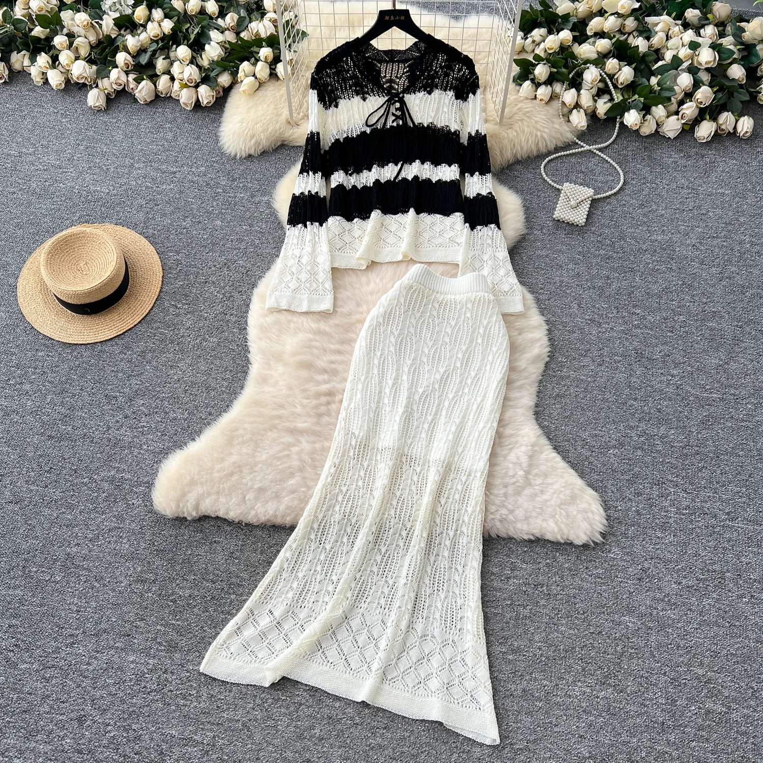 2025 printemps automne plage vacances costume décontracté pour les femmes bohème creux Crochet Colorblock haut en tricot taille haute jupe 2 pièces ensemble