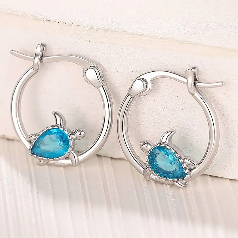Huitan Turtle Lady Hoop Earrings with Shiny Blue CZ Silver Color Accessories for Party Engagement Versatile Daily Trendy Jewelry