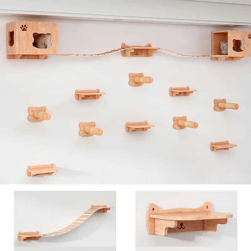 Wall-Mounted Cat Hammock Bed, Pet Furniture, Kitten Wall Shelf, Perch Wooden Scratching Climbing Post, Tree House Toy, 1Pc