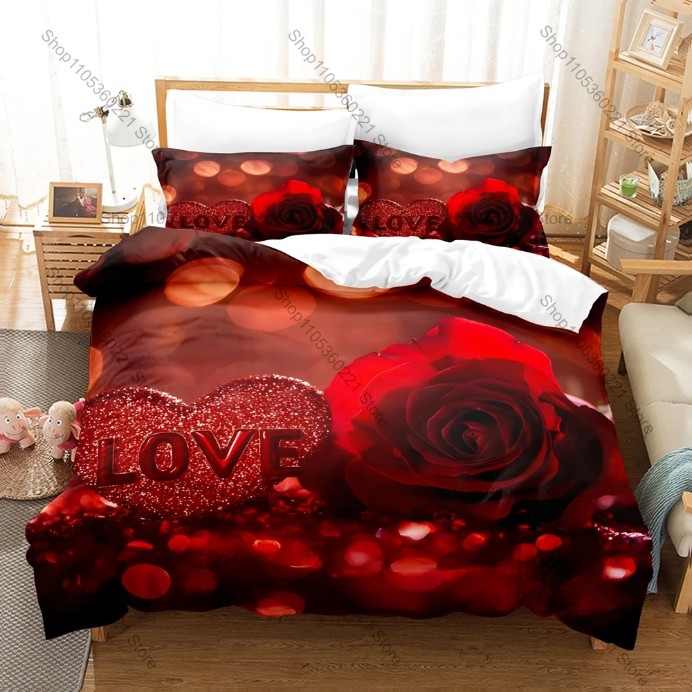 Kawaii Red Rose Love Three Piece Bedding Set Luxury Comforter Set with Queen King Size Cool Two household goods Anime autumn 4