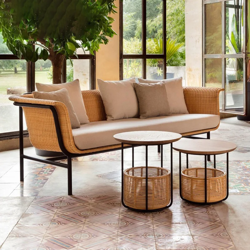 &Nordic Three-Piece Rattan Dining Table Chair Sofa Set Metal Frame Eco-Friendly for Balcony Courtyard Outdoor Indoor Living Room