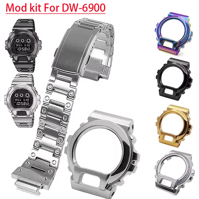 

DW6900 Mod Kit для Casio G-SHOCK DW-6900, модифицированный корпус из нержавеющей стали, ремешок с бриллиантовым металлическим безелем, ремешок для часов, браслет, аксессуары