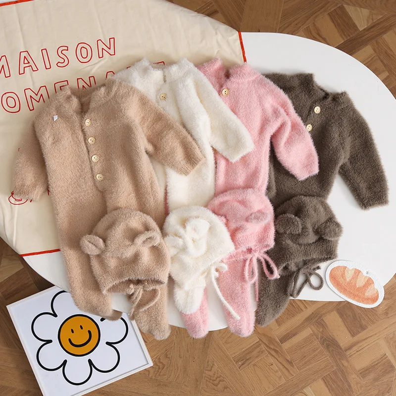 HoneyCherry Baby Solid Color Footies Cute Footed Hoodie Plush Pajamas Homewear Baby Clothes