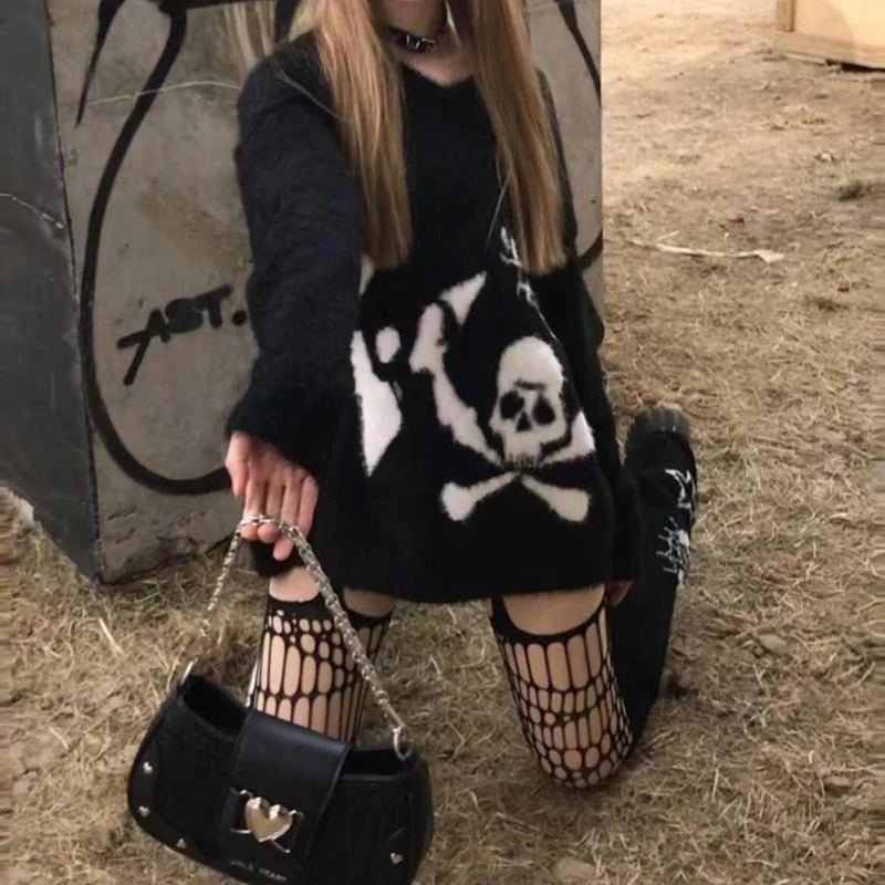 Subculture Loose pullover sweater Skull Stars embroidered casual vintage tops Harajuku y2k E-girls kawaii Aesthetic chic sweater