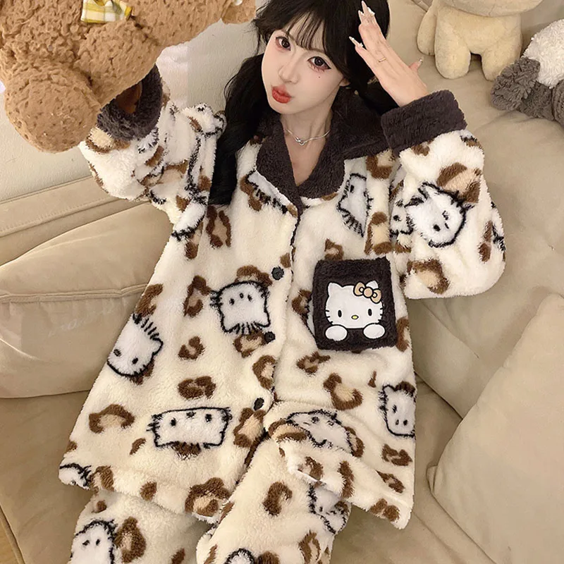 

Hello Kitty Female Pajamas Suit Women Coral Velvet Autumn Winter Flannel Thickened Velvet Warm Home Clothes Can Be Worn Outside
