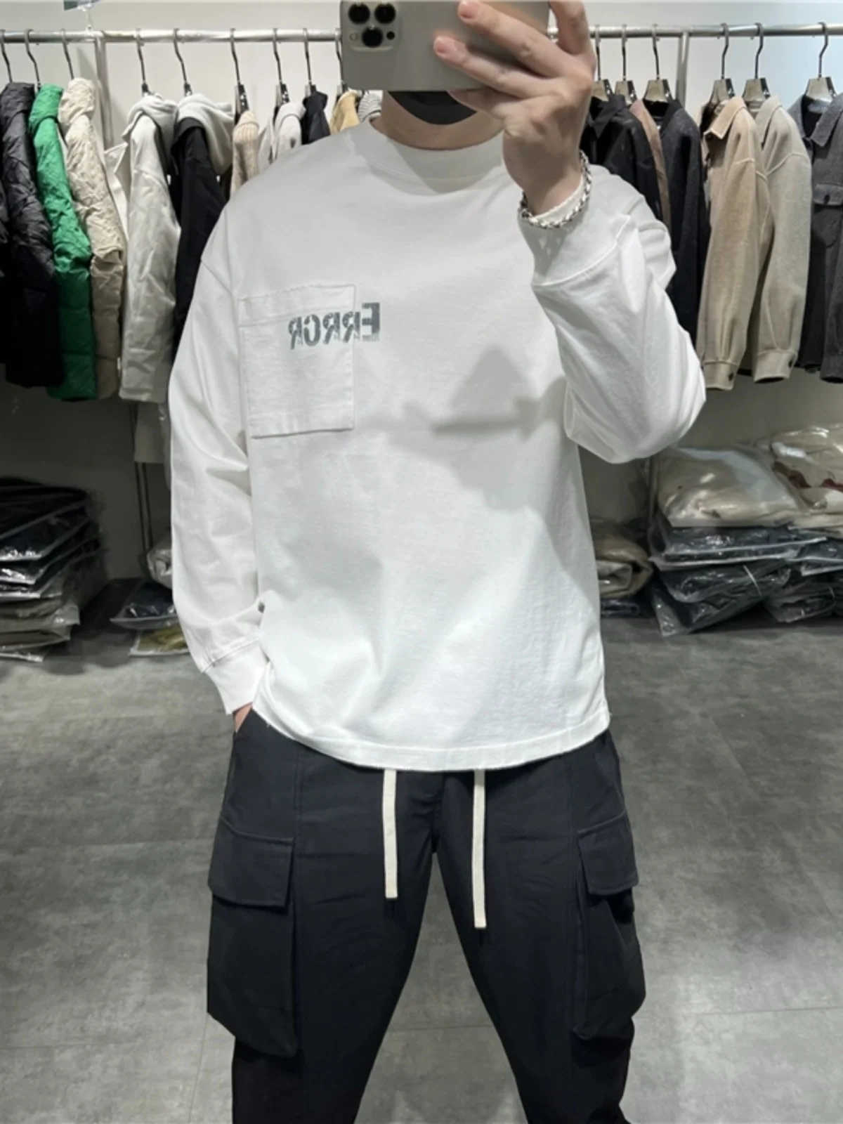 

Trendy Cotton Long Sve T-irt Men's Loose Fit round Ne Sweatirt ket Print Casual Wear All Seasons Faionable