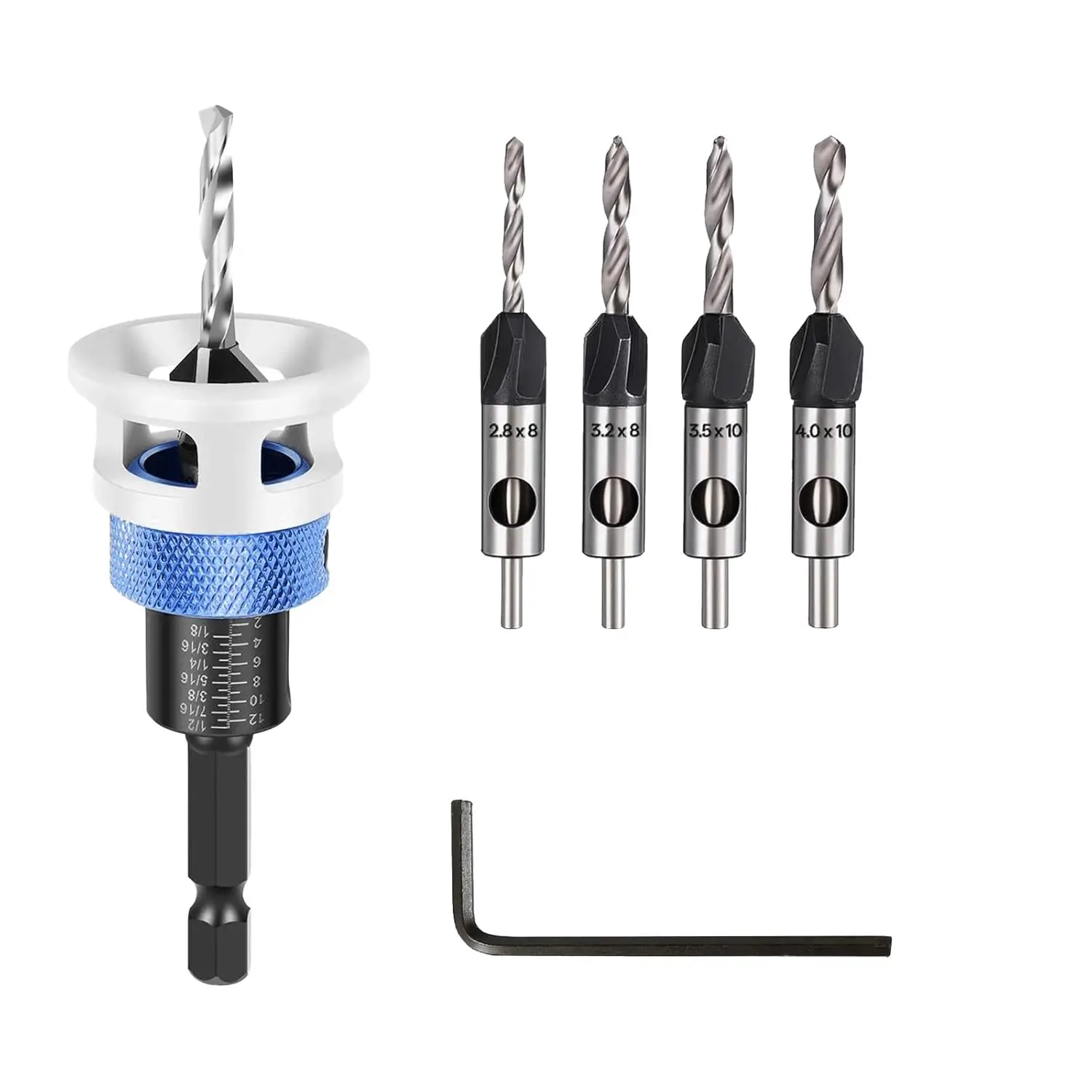 

4PCS Countersink Drill Bit Set with Depth Stop, HSS M2 Tapered Bits & Wrench, 1/4" Hex Shank for Woodworking