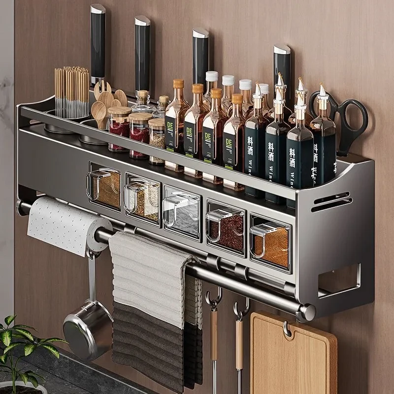 

Kitchen Condiment Storage Rack Punch-Free Multi-Functional Condiment Combination Knife Shelf Home Condiment Box Jar Organizer