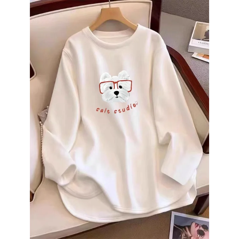 2025 Autumn and Winter New T-shirt Women's Spliced Printed Fashion Loose Long-Sleeved German Velvet Casual Top