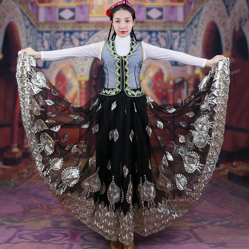 Xinjiang Dance Costume Ethnic Characteristics Mesh Embroidered Half Skirt Uyghur Women's Stage Performance Big Swing Skirt