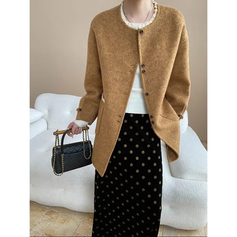 French Lace Round-neck Wool Blended Double-sided Tweed Coat Women Fashion Simple Sweet Long-sleeved Warm Autumn Winter Lady Coat