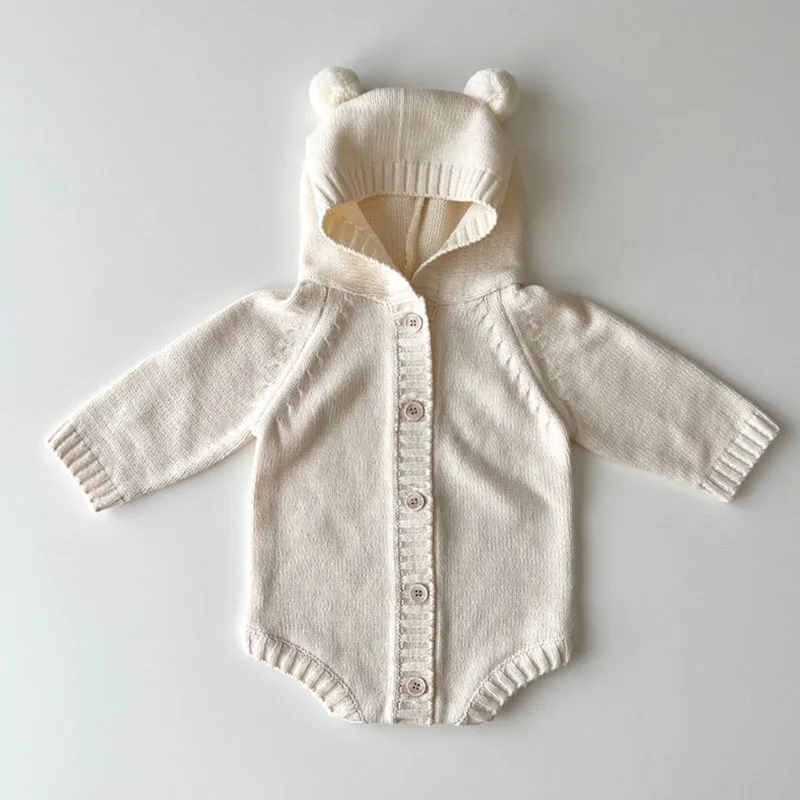 Autumn Spring Korean Style 0-24M Baby Boys Girl Clothing Long Sleeved Solid Color  Hooded Knitting Jumpsuit Toddler Baby Romper