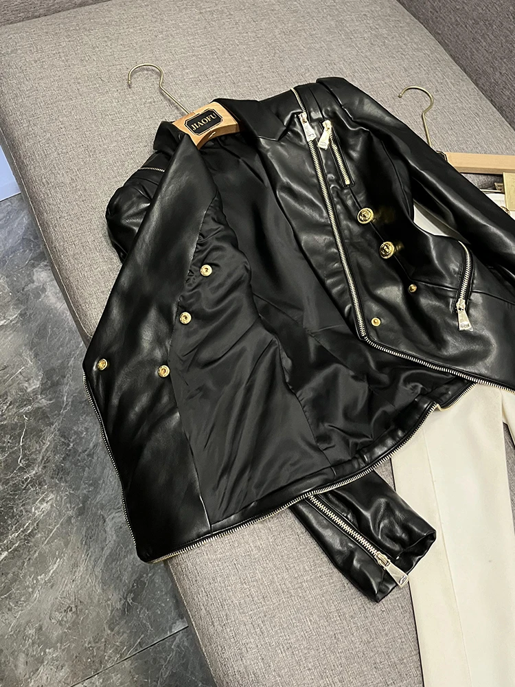 Faionable Cappotto Jaet in pelle con dettagli con cerniera doppio petto slim fit A20825 Cappotto lungo in pelle PU da pendolarismo Sle