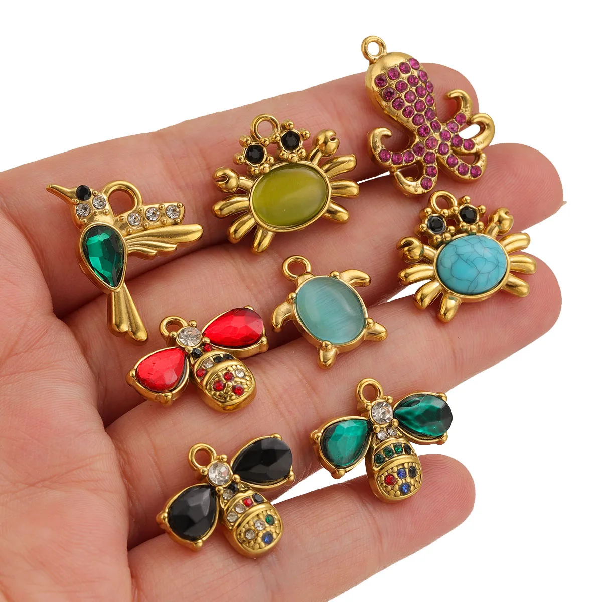 3pcs/lot Crystal Cat's Eye Stone Sea Crab Turtle Bird Charms Stainless Steel DIY Women's Earrings Necklace Bracelet Wholesale