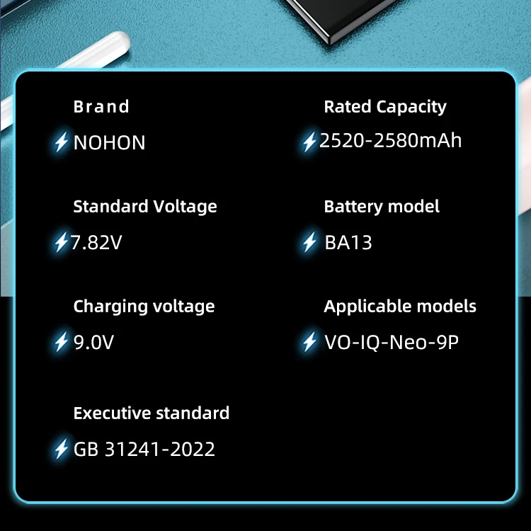 NOHON Lithium Polymer Battery for iQOO Neo 9 Pro 8 7 6 5 SE 5S 3 855 845 V2339A V2338A V2301A V2302A V1981A Phone Batteries