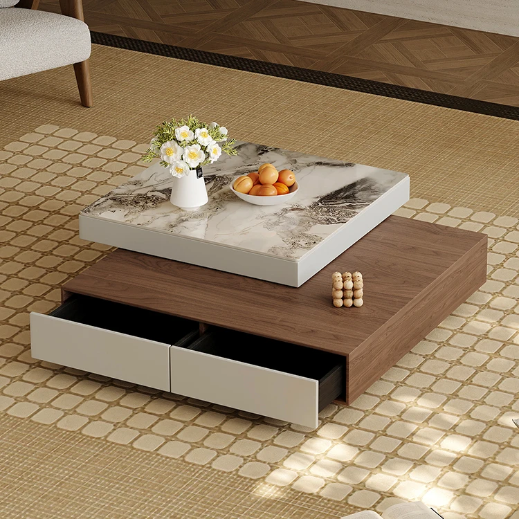 Mesa de centro giratória quadrada moderna, mesa de centro de madeira para sala de estar com tampo de pedra sinterizada, conjunto de mesa central popular para casa